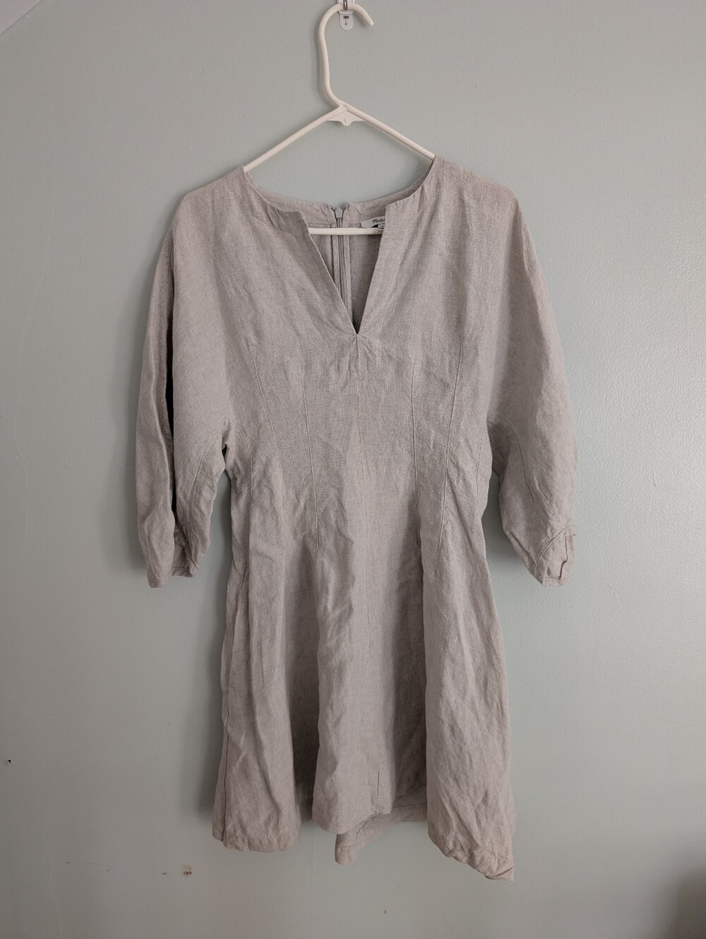 Madewell Splitneck Mini Dress Light Cream Linen Tunic Sz 4 Balloon Sleeves